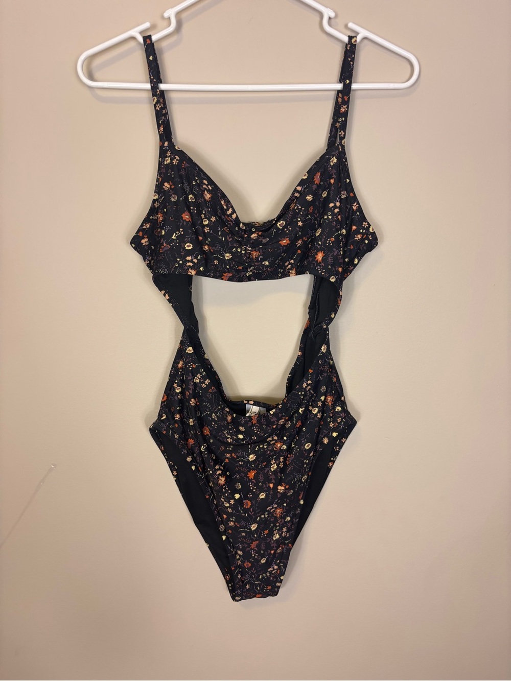 Madewell Black Floral One-Piece Swimsuit with Orange & Cream Accents Large